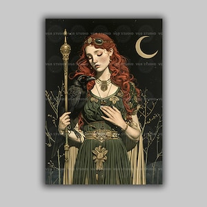 Morrigan Art Print Celtic Goddess Raven Irish Mythology Dark Feminine Wall Decor Red Haired Woman Moon Staff Pagan Witchy Gift Fantasy q05