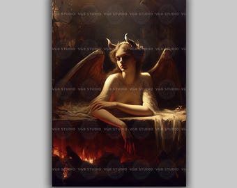 Lilith Art Print Dark Goddess Wall Decor Gothic Angel Painting Horned Woman Mythology Occult Artwork Feminine Power Surreal Home Decor J66