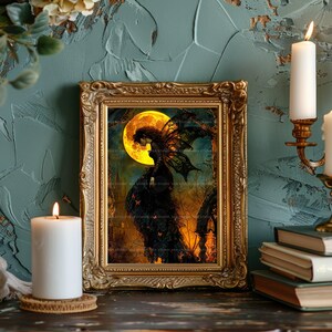 Gothic Fairy Art Print, Victorian Fae in Black Lace Under Harvest Moon, Church Spire and Copper Butterflies, Whimsigoth Halloween Decor q94 image 9