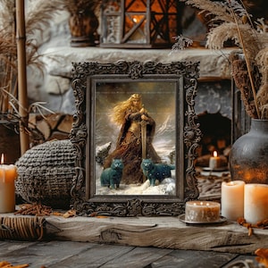 Freya, Freyja, nordische Göttin der Liebe, Krieg und Magie, Wikinger Mythologie, blaue Katzen, Winter-Schnee-Szene, heidnischer Altar-Dekor ac12 Bild 4