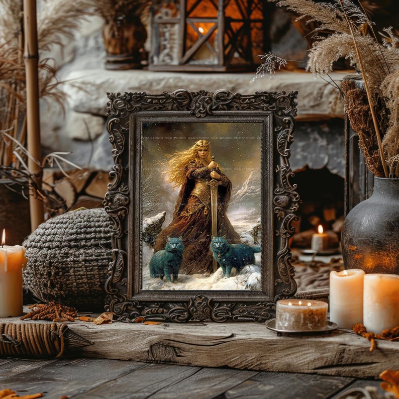 Freya, Freyja, nordische Göttin der Liebe, Krieg und Magie, Wikinger Mythologie, blaue Katzen, Winter-Schnee-Szene, heidnischer Altar-Dekor ac12 Bild 4