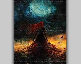 The Morrigan Raven Moon Wall Art Print Celtic Goddess of War and Fate Irish Mythology Gothic Pagan Decor Dark Feminine Witchy Altar Art AK36