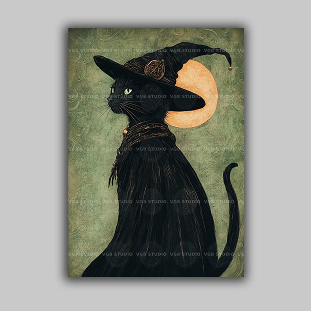 Black Cat Witch Art Print Halloween Decor Gothic Feline Wall Art Full ...