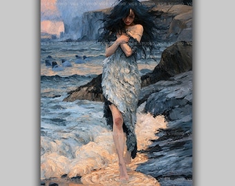 Selkie Art Print, Seal Woman Scottish Folklore, Celtic Coastal Sunset Wall Decor, Mythical Sea Maiden Painting AN22