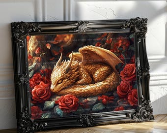 絵画 the baby dragon for peace Satomi M Baby Dragon Art Print, Cute Golden Hatchling Asleep in Red Roses