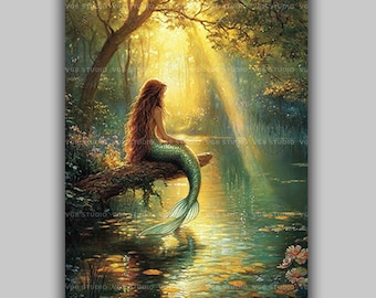 Mermaid Fantasy Forest Art Enchanted Woodland Lake Scene Sunlit Water Magical Creature Illustration Mythical Nature Aesthetic Print Z46