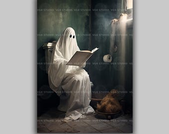 Ghost Reading Book on Toilet Wall Art Print, Spooky Bathroom Decor, Cute Gothic Halloween Poster, Dark Academia Haunted Powder Room H42