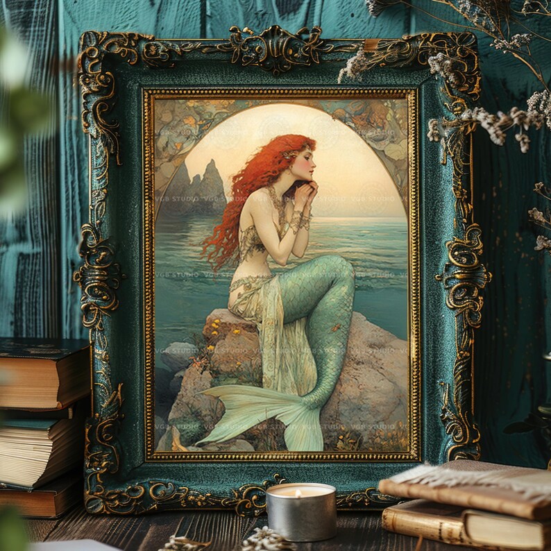 Art Nouveau Mermaid Ocean Wall Art Print, Vintage Mermaid Illustration ...