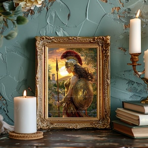 Athena Minerva Goddess Art Print Warrior Goddess Greek Mythology Wall Decor Golden Armor Shield Spear Wisdom Greek Decor Feminine Gift z21 image 2
