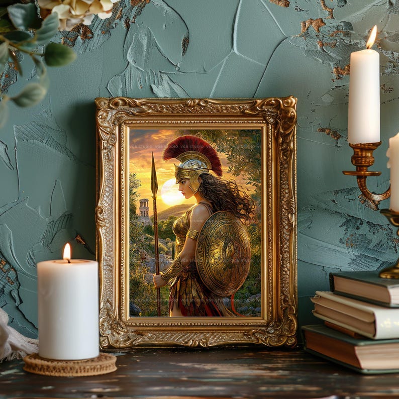 Athena Minerva Goddess Art Print Warrior Goddess Greek Mythology Wall Decor Golden Armor Shield Spear Wisdom Greek Decor Feminine Gift z21 image 2