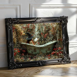 Bruja en la bañera, lámina decorativa para pared, leyendo un libro en un jardín floral, baño de brujas, estilo cottagecore oscuro, fantasía, póster horizontal Whimsigoth S86 imagen 4