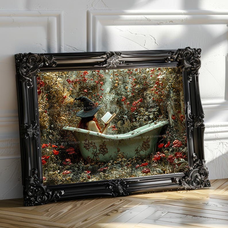 Bruja en la bañera, lámina decorativa para pared, leyendo un libro en un jardín floral, baño de brujas, estilo cottagecore oscuro, fantasía, póster horizontal Whimsigoth S86 imagen 4