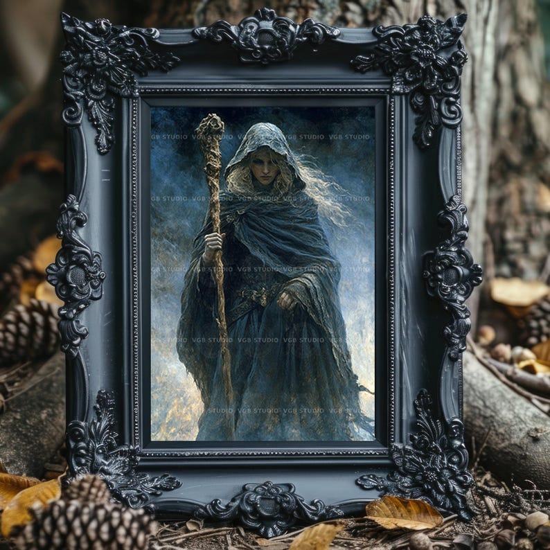 Cailleach Wintergöttin Art Print, Gothic Gothic Folklore, Keltische Folklore Wanddekoration, Crone Hexe Malerei, Heidnische Mythologie Dark Academia Altar Geschenk u92 Bild 4