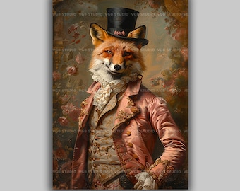 Fuchs Porträt Wand Kunst Druck, viktorianischer Gentleman Tier Dekor, elegante Zylinder Hut Malerei, wunderliche Waldblumen-Weinlese-Stil s79