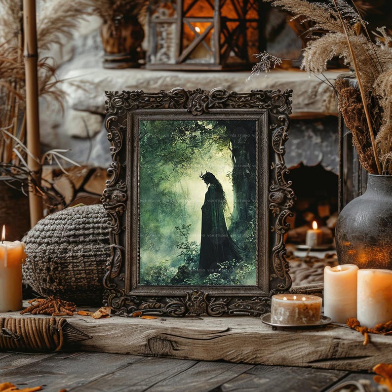 Sadhbh Irish Mythology Art Print, Antlered Deer Woman Silhouette in a Misty Green Forest, Cloaked Celtic Folklore Woodland Wall Decor w58 image 6