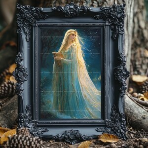Lady of the Lake Wall Art, Enchanted Sorceress in Blue Gown with Magic Book, Arthurian Fantasy Print, Celestial Witch Home Decor Gift z91 image 5
