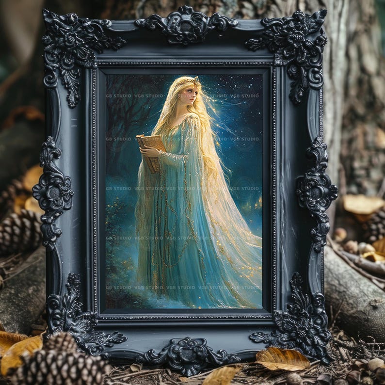 Lady of the Lake Wall Art, Enchanted Sorceress in Blue Gown with Magic Book, Arthurian Fantasy Print, Celestial Witch Home Decor Gift z91 image 5