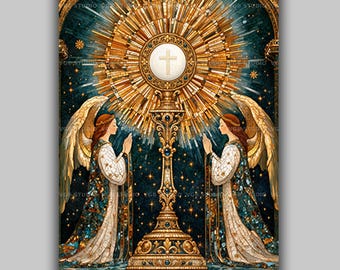Eucharistic Adoration Wall Art Print, Monstrance, Blessed Sacrament, Catholic Decor, Christian Mosaic, Prayer Room Art, Angel Painting AP11