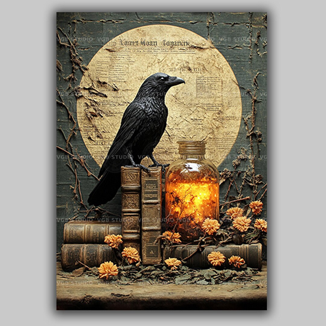 Raven Wall Art Print, Gothic Crow Still Life, Dark Academia Library ...