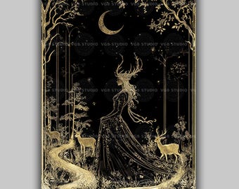 Elen Of The Ways Celtic Goddess Of Paths And Deer Forest Deity Pagan Art Print Mythology Decor Divine Feminine Spiritual Illustration AJ94