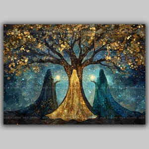 The Norns Art Print Norse Fate Goddesses Yggdrasil Tree Destiny Mythology Pagan Decor Scandinavian Magic Cosmic Night Fantasy Painting AE91