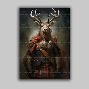 Highlander Scottish Deer Stag Fine Art Giclee Baroque Painting Wall Art Poster Whimsical Pet Animal Victorian Scotsman d85