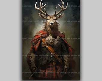 Highlander Scottish Deer Stag Fine Art Giclee Baroque Painting Wall Art Poster Whimsical Pet Animal Victorian Scotsman d85