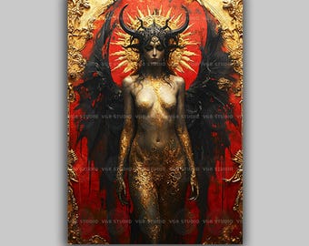 Impression d'art mural Lilith déesse noire, affiche de la mythologie ailée à cornes, décoration païenne occulte gothique, cadeau féminin sorcière or rouge reine L34