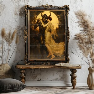 Impresión artística de fantasía oscura de demonio y mujer, romance gótico, mitología surrealista, obra de arte, luna encantada, baile nocturno, amantes del ocultismo, decoración de pared D25A imagen 8