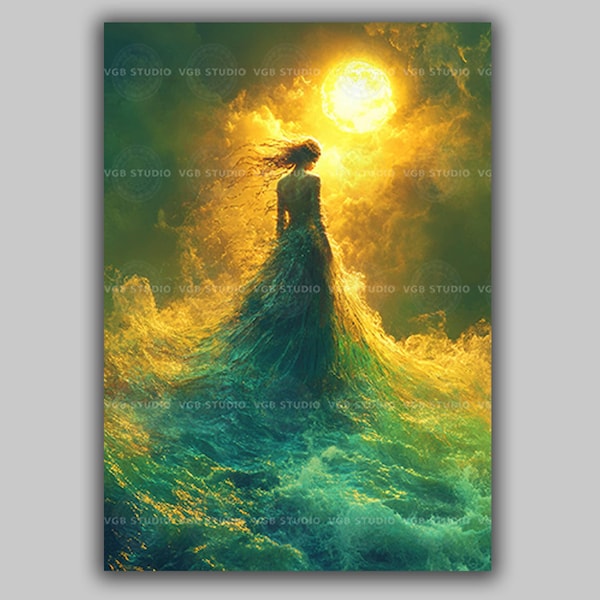 Fand Wall Art Print, Irish Sea Goddess, Celtic Mythology Ocean Artwork Tuatha Dé Danann Fairy Queen, Pagan Water Deity Emerald  Portrait w14