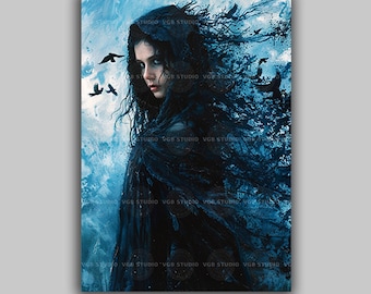 Morrigan Raven Gestaltwandler Kunstdruck, Kapuzentragende keltische Göttin, die sich in Krähen auflöst, Blau-schwarzes gotisches Porträt, Irische Mythologie L68
