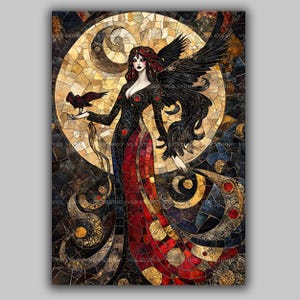L'impression d'art Morrigan mythologie irlandaise corbeau déesse celtique décor païen oeuvre sombre prêtresse autel de sorcière mosaïque gothique fantaisie impression y58