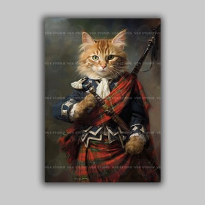 Scottish Highlander Cat Art Print Funny Dressed Feline in Tartan Kilt Whimsical Animal Pet Portrait British Decor Bagpipes Costume Cat D12