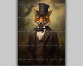 Viktorianischer Fuchs Wand Kunst Druck, Gentleman Tier Portrait, Dark Academia Wildtier Gemälde, Wald Dekor, Vintage Fuchs Kunstwerk J39