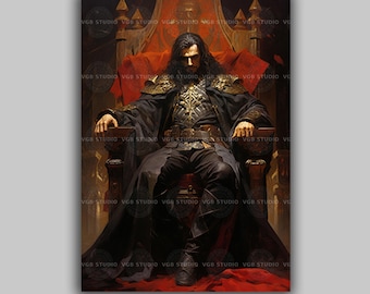 Dracula Vlad Tepes The Impaler Sitting on Throne Portrait Painting, Vampire Art Poster Print, Dark Gothic Castle Occult Poster E51
