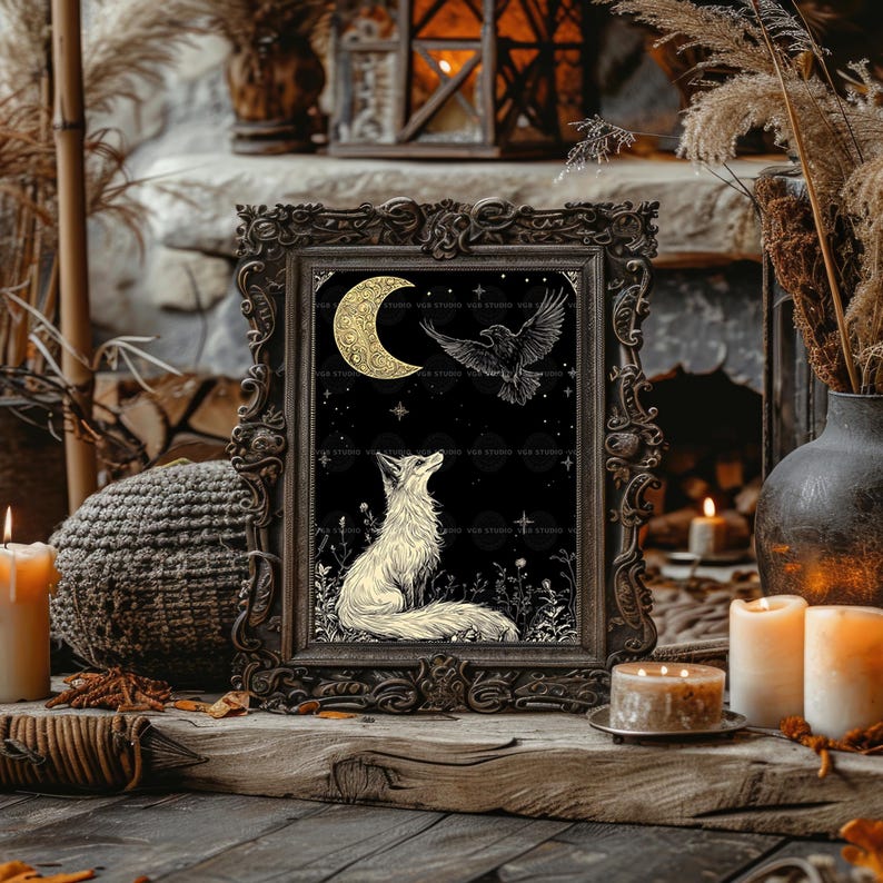 Fox and Raven Art Print Moon Night Mystical Animal Black Gold Decor Folklore Illustration Witchy Wall Art Celestial Stars Botanical Gift z39 image 6