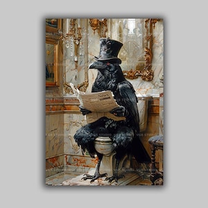 Crow Reading Newspaper Bathroom Wall Art, Victorian Raven on Toilet Print, Funny Gothic Bird Poster, Top Hat Animal Quirky Restroom M84