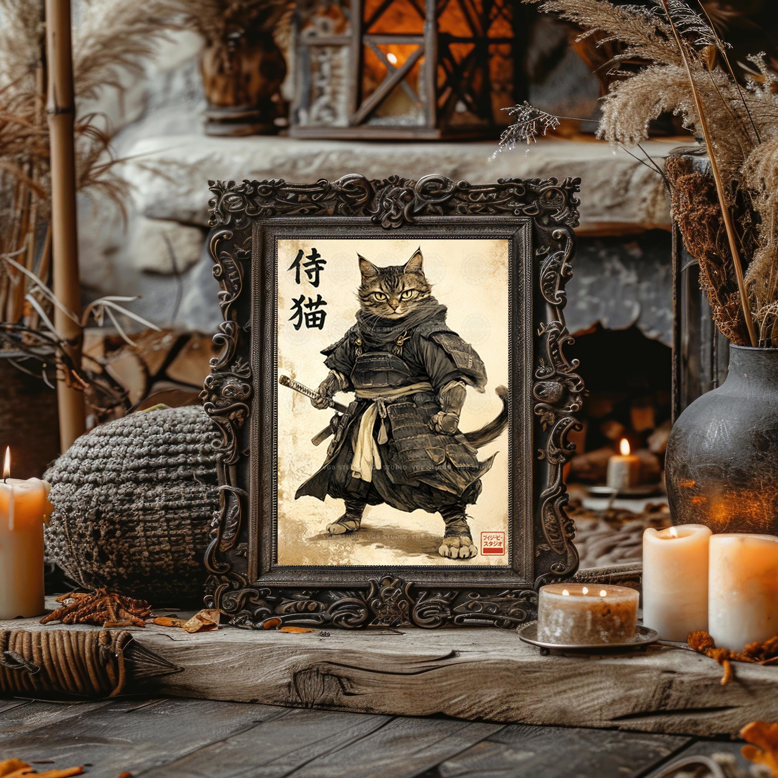 Samurai Cat Wall Art Print, Japanese Ink Painting, Warrior Artwork