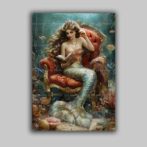Quadro decorativo de sereia lendo, cadeira vermelha subaquática, pôster de sereia do oceano na biblioteca, presente para banheiro com tema litorâneo, ninfa marinha leitora s23