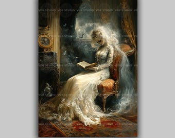 Gothic Ghost Wall Art Print, Haunted Mansion Woman Reading, Victorian Spirit Portrait, Dark Academia Decor, Ghostly Book Lover T07