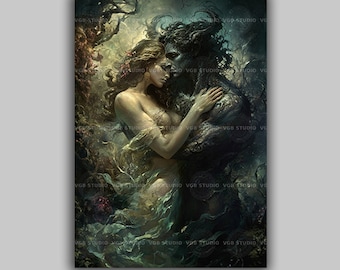 Hades and Persephone Art Print, Greek Mythology Poster, Dark Fantasy Decor, Gothic Romance Underworld Painting, Esoteric Pagan Couple k58