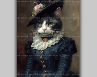 Victorian Cat Portrait Wall Art Dressed Feline Print Elegant Pet in Blue Dress Vintage Animal Decor Whimsical Classic Art Pet Lover Gift E18