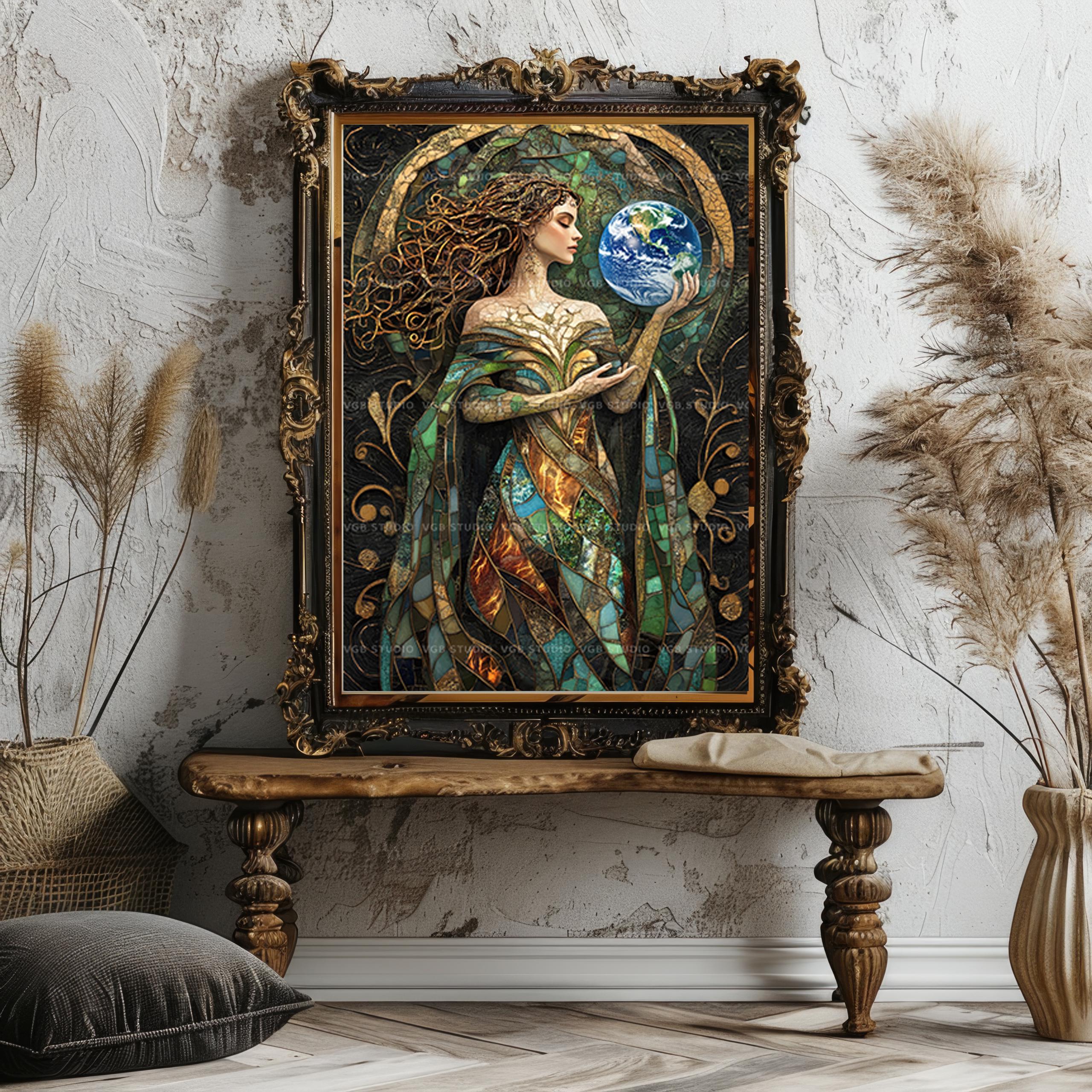 Gaia Stained Glass Mosaic Art Print, Greek Earth Goddess Mother Nature ...