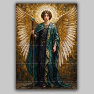 May include: A digital artwork depicting a figure with large, detailed golden wings and a circular halo. The figure wears a dark teal and black robe with gold accents, holding a tall staff topped with a green orb against a gold mosaic background.