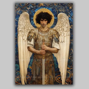 Archangel Michael Art Print, Saint with a Sword and Gold Armor, Klimt Style Art Nouveau Blue Icon, Catholic Protection Decor AN34