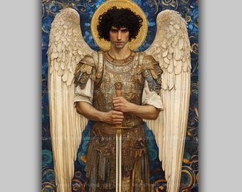 Archangel Michael Art Print, Saint with a Sword and Gold Armor, Klimt Style Art Nouveau Blue Icon, Catholic Protection Decor AN34