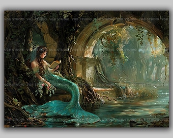 Mermaid Reading Fantasy Print Romantic Ocean Art Bookish Wall Decor Mystical Creature Illustration Enchanted Forest Gift for Readers q99