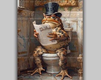 Frog Toad Gentleman Reading Newspaper on Royal Toilet Whimsical Fine Art Giclee Baroque Painting Wall Art Poster Watercolor L30