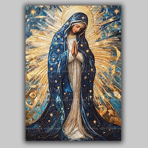 May include: A religious artwork depicting a woman in a blue cloak adorned with stars, hands clasped in prayer. The artwork features a golden halo and a mosaic-like background with a serene expression, creating a spiritual ambiance.