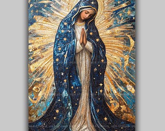 Virgin Mary Art Print Our Lady Religious Mosaic Style Christian Icon Catholic Wall Art Blessed Mother Spiritual Decor Marian Artwork AJ83